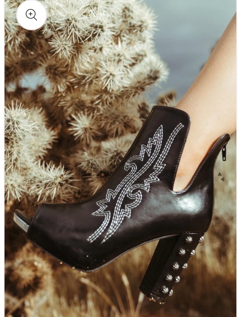 Studded Western Cutout Peep-Toe Ankle Booties - Black